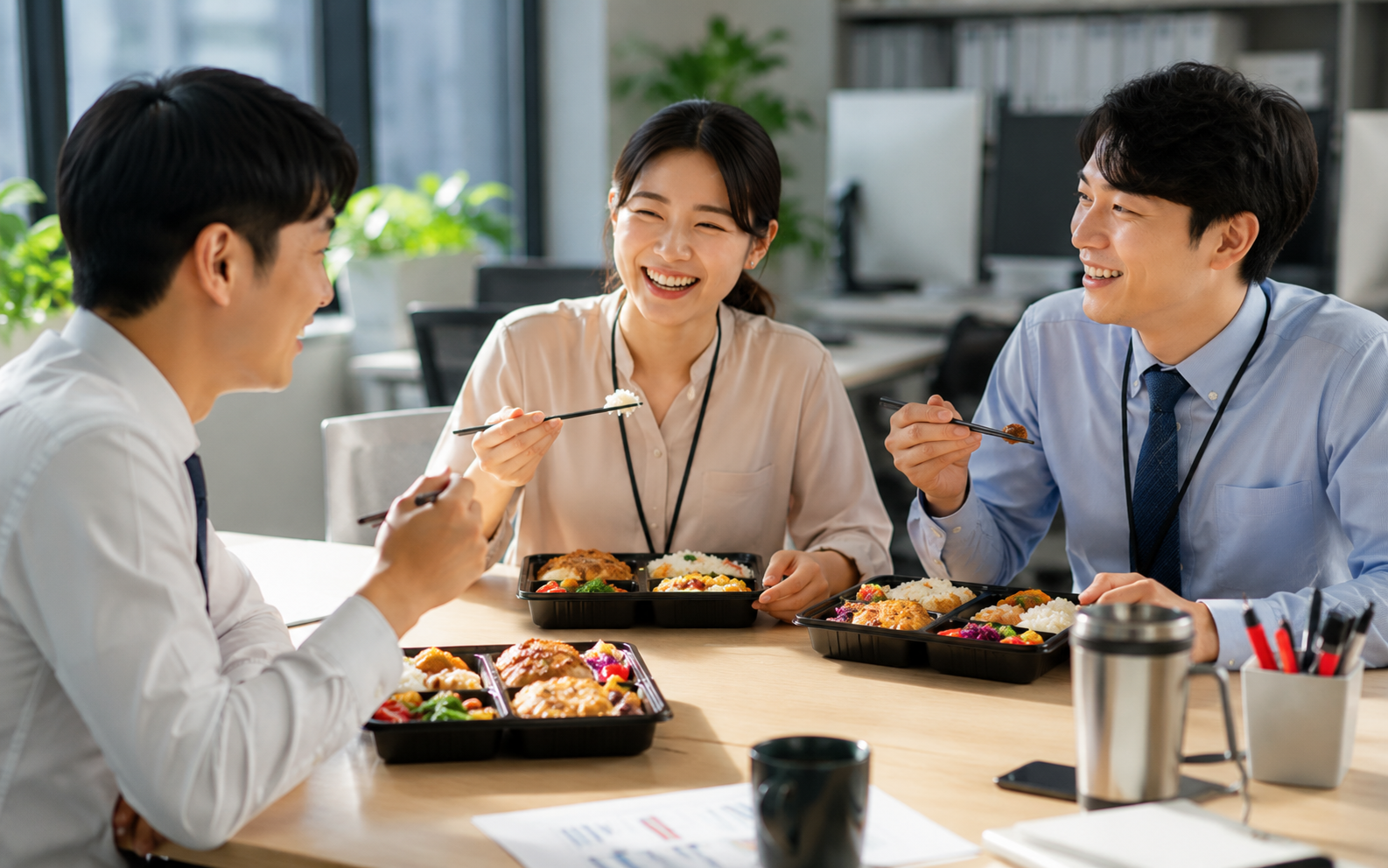 Office team enjoying Korean lunch boxes